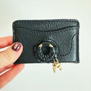 See By Chloe Black Leather Card Holder with Gold Charm